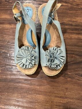 Women’s Light Blue Slingback Born Concept Wedge Sandals with Floral Accent